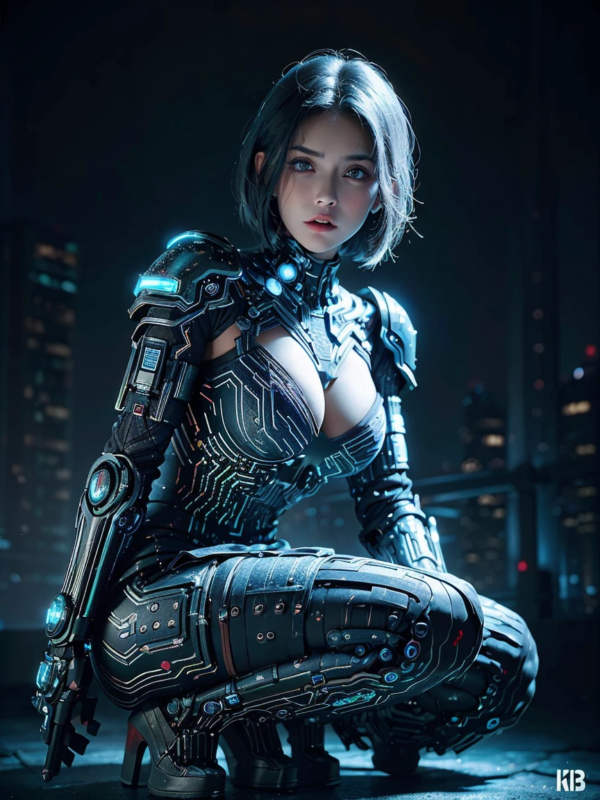 A beautiFul women 25 years old, wearing cyberpunk armor post-apocalyptic ruins, Very pretty Caucasian, short dark blue hair, very detailed eyes, red lips, fit, nature prodigy, sculptural, combat-ready, low angle, full image, looks at the viewer defiant, bio armor in white and gray colors with blue leds, metallic cyber combat gloves, cybernetic tactical combat boots kkw-ph1, (Fotorrealista:1.4) hyperdetallado, hyperrealism, ((mejor calidad)), ((obra maestra)), (detallado), 8k UHD, Canon EOS 5D Mark IV, F/2.8, 1/25sec, Canon EF 50mm