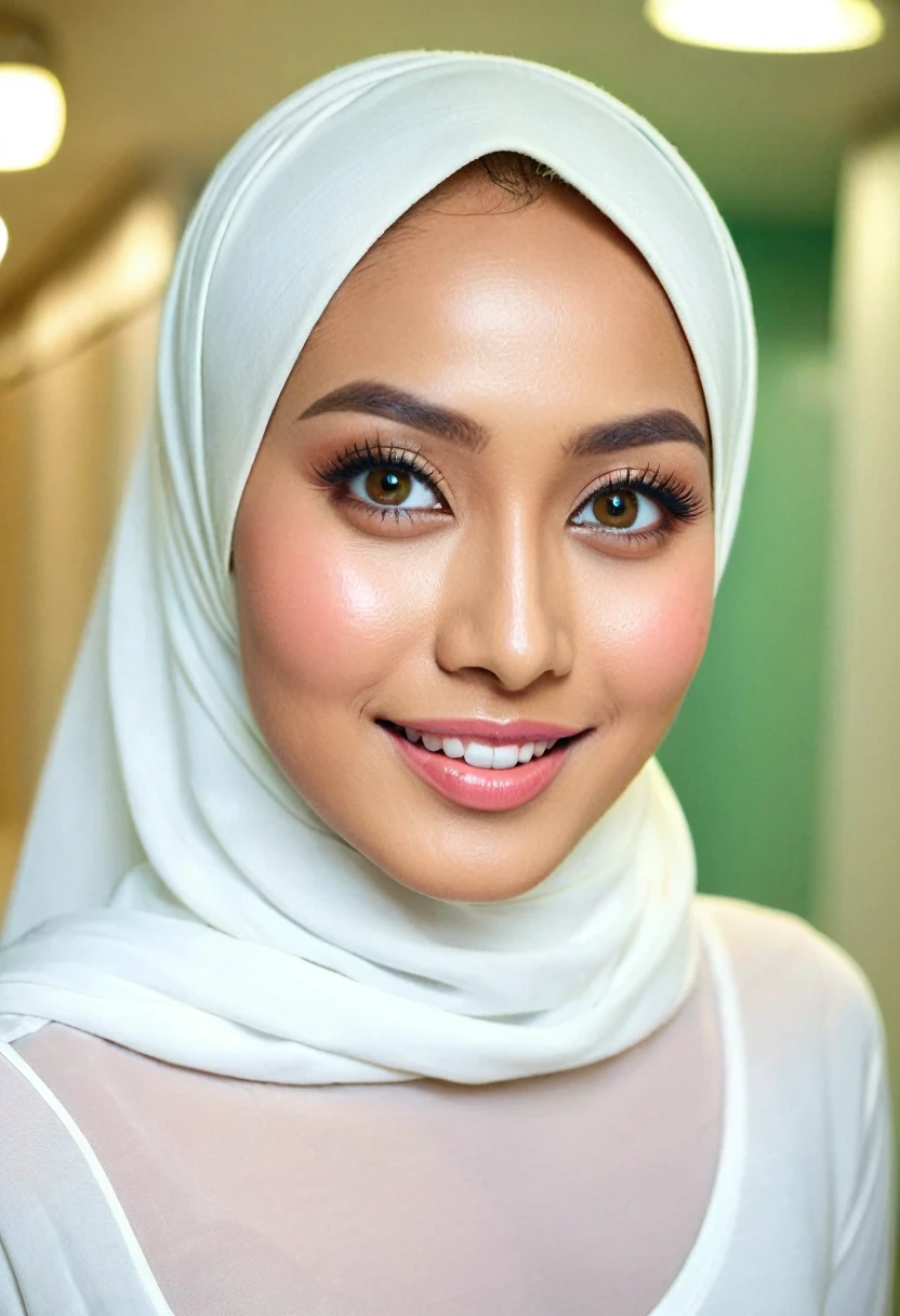 RAW, Best quality, high resolution, masterpiece: 1.8), beautiful Malay woman in hijab, Masterpiece, big gorgeous eyes, Soft smile, wear tight light white long sleeve shirt and light white tight legging,in changing room, Excellent lighting, Bright colors, Clean lines