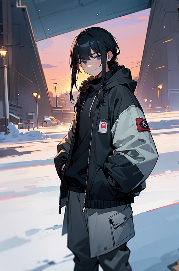 iso_valorant, standing, looking at viewer, jacket, hoodie, long pants, bandaid on face, medium length black hair, town, winter, arms in pockets, young man, lean build, braided hair, smirk