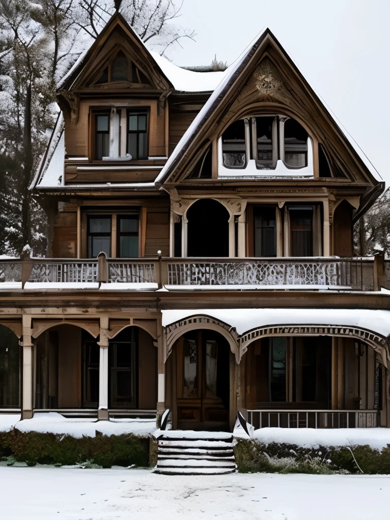 arafed house in the snow with a staircase leading up to the front, a tilt shift photo by Chris Cold, flickr, art nouveau, an abandoned, an abandoned old, an old abandoned mansion, victorian manor, abandoned polish mansion, abandoned house, victorian house, abandoned, victorian setting, abandoned castle, mysterious exterior, old abandoned house, gothic mansion, very ornate
