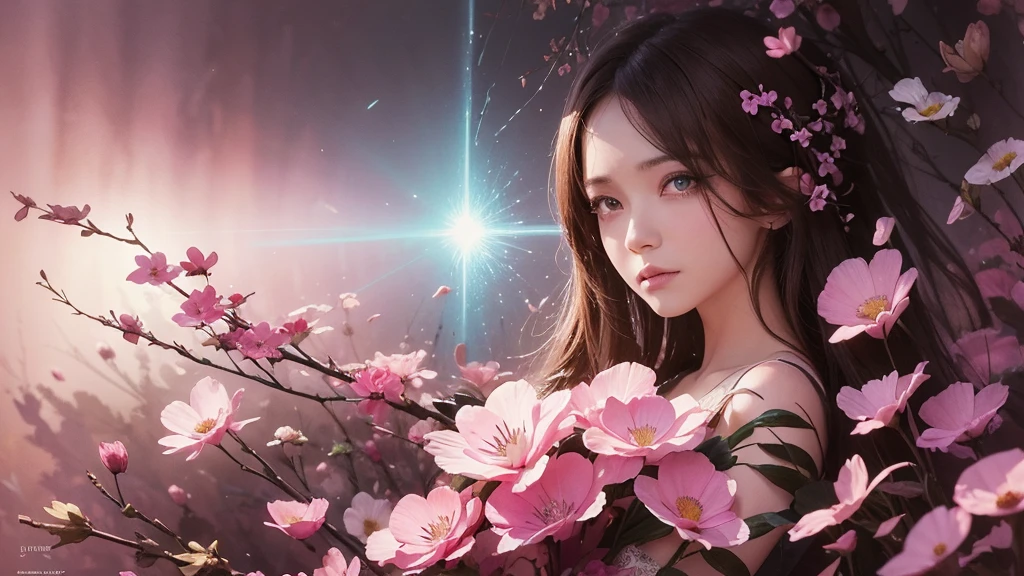 32k, Masterpiece, Highest quality, One girl, Detailed eyes, flower,Sandersonia, Pink and brown style,A dreamy, romantic piece,Pale pink, Mysterious Leaves,A playful arrangement,Fantasy,High Contrast,Ink strokes,explosion,Exposure, Impression of pink and brown tones,Abstract,((Watercolours by John Berkey and Jeremy Mann )) Brush strokes,Negative Space, Tyndall effect,