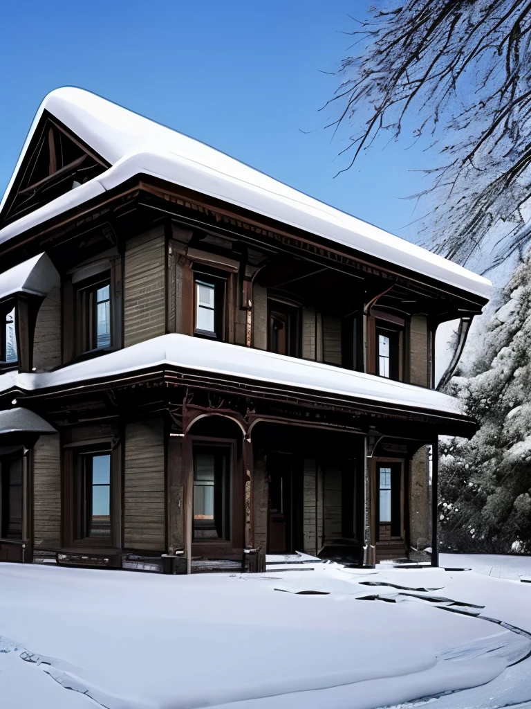 arafed house in the snow with a staircase leading up to the front, a tilt shift photo by Chris Cold, flickr, art nouveau, an abandoned, an abandoned old, an old abandoned mansion, victorian manor, abandoned polish mansion, abandoned house, victorian house, abandoned, victorian setting, abandoned castle, mysterious exterior, old abandoned house, gothic mansion, very ornate