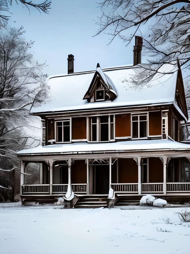 arafed house in the snow with a staircase leading up to the front, a tilt shift photo by Chris Cold, flickr, art nouveau, an abandoned, an abandoned old, an old abandoned mansion, victorian manor, abandoned polish mansion, abandoned house, victorian house, abandoned, victorian setting, abandoned castle, mysterious exterior, old abandoned house, gothic mansion, very ornate