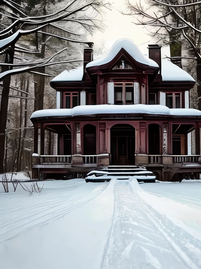 arafed house in the snow with a staircase leading up to the front, a tilt shift photo by Chris Cold, flickr, art nouveau, an abandoned, an abandoned old, an old abandoned mansion, victorian manor, abandoned polish mansion, abandoned house, victorian house, abandoned, victorian setting, abandoned castle, mysterious exterior, old abandoned house, gothic mansion, very ornate