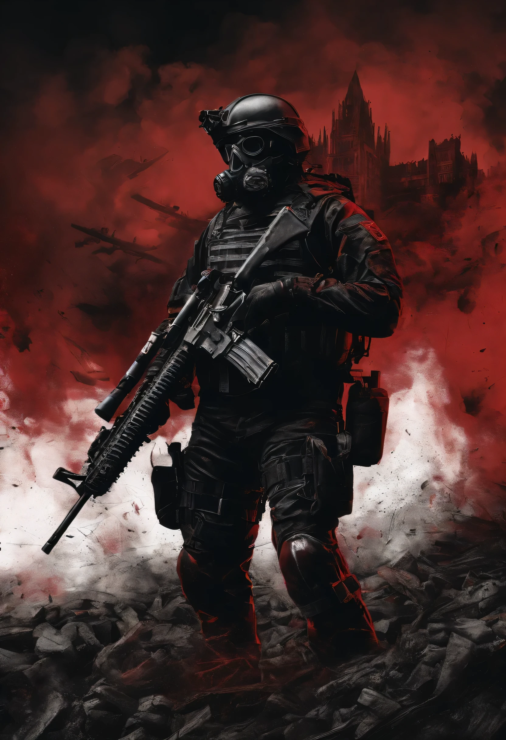 Tall soldiers, bulletproof vest, (soldier uniform), red and black, weapon, gatling gun, gas mask, rank on the side of clothing, horizon, full fire, balck and red colours, smoke and shadows