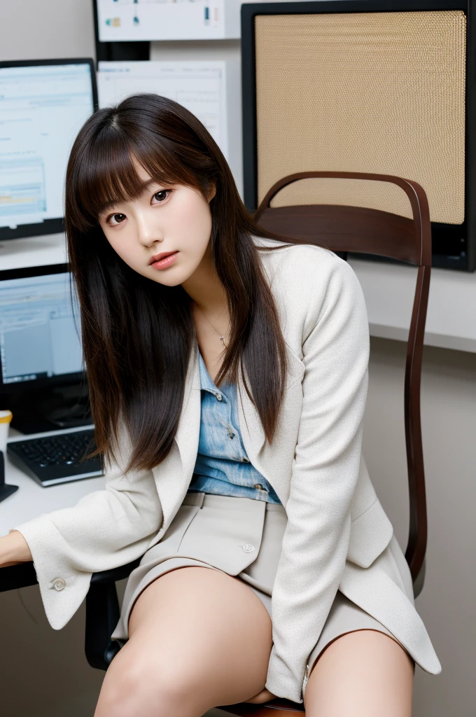 a 20 year old japanese actress with the most beautiful woman's face in the world, perfect propotions of a woman's body, blazer is worn on shirt, hands are off vagina between opened legs, two pairs of labia under clitoris, woman's pubic hair, sitting on a desk chair in office, one person, nsfw, best quality, highly detailed, masterpiece, ultra high res, photo realistic, 8k