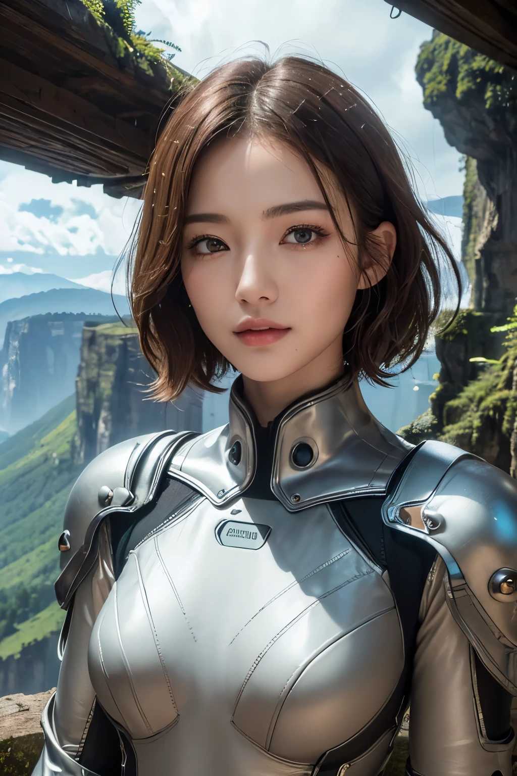 Ultra-high resolution、(masterpiece:1.3), (8k, Best image quality: 1.4)、 (Real:1.4)、One beautiful woman、Beautifully detailed eyes and skin、Light brown short hair、A lonely smile、Small Bust、Mechanical work space suit、Rain-soaked wilderness、wasteland、Cliff rock face、Huge rocky mountains、Rain Clouds、evening、