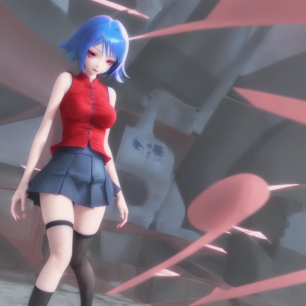anime girl in a short skirt, knee-length stockings, red and blue hair, 3D wallpaper.
