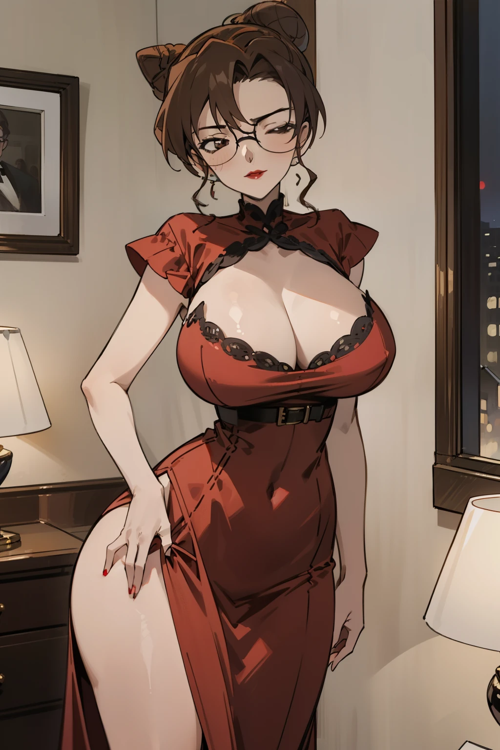 Night time,(Masterpiece), Best Quality, ultra-detailed, 1girl (eri, Slender and sexy body, huge breasts, wide hips, brown hair, single hair bun, brown eyes,half-closed eyes, spectacles), evil face, smirk,parted lips, mascara, full makeup, red lipstick, facing viewer, looking at viewer, solo, red opera dress( staples dress), ornate dress, long dress, cleavage, bows, in the livingroom, standing, Sexy waist teasing , come-on, temptation