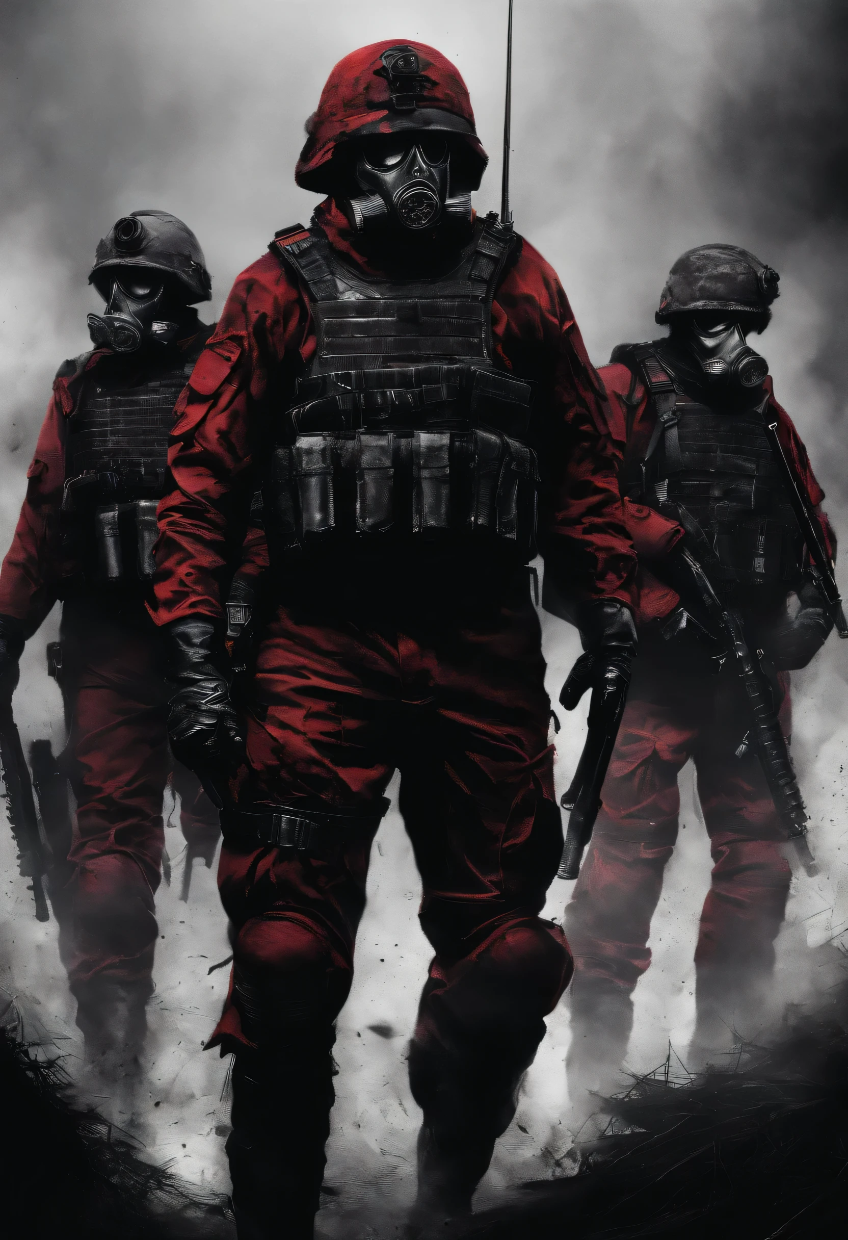 Tall soldiers, bulletproof vest, (soldier uniform), red and black, weapon, gatling gun, gas mask, rank on the side of clothing, horizon, full fire, balck and red colours, smoke and shadows