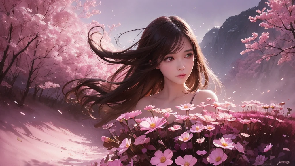 32k, Masterpiece, Highest quality, One girl, Detailed eyes, flower,Sandersonia, Pink and brown style,A dreamy, romantic piece,Pale pink, Mysterious Leaves,A playful arrangement,Fantasy,High Contrast,Ink strokes,explosion,Exposure, Impression of pink and brown tones,Abstract,((Watercolours by John Berkey and Jeremy Mann )) Brush strokes,Negative Space, Tyndall effect,
