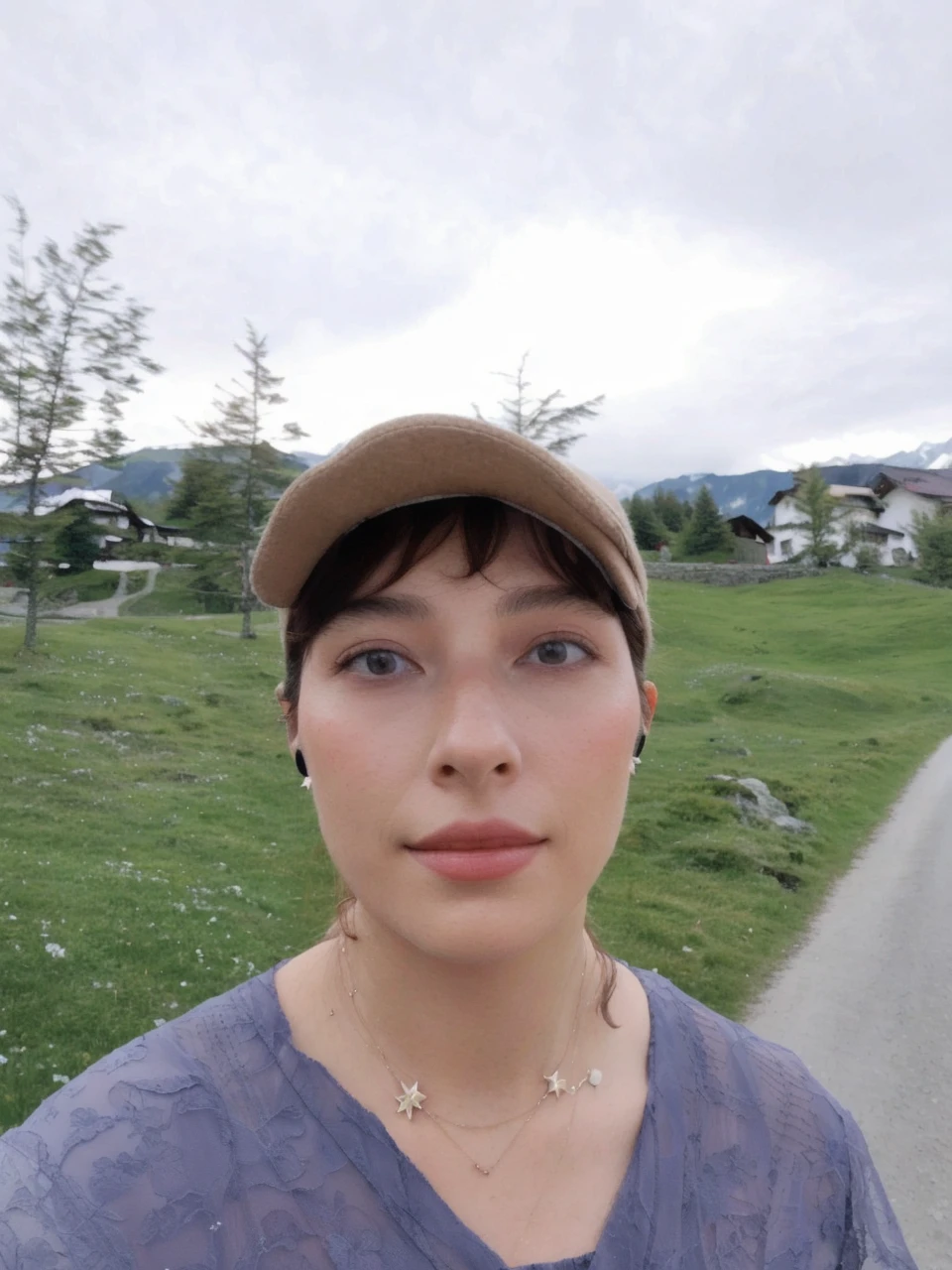 masterpiece,ultra realistic,32k,extremely detailed CG unity 8k wallpaper, best quality,
The Swiss Alps, Switzerland, ( Dark red A-line dress ) ,((spring day )), Beachy waves with a side part ,eardrop,lady ,necklace,