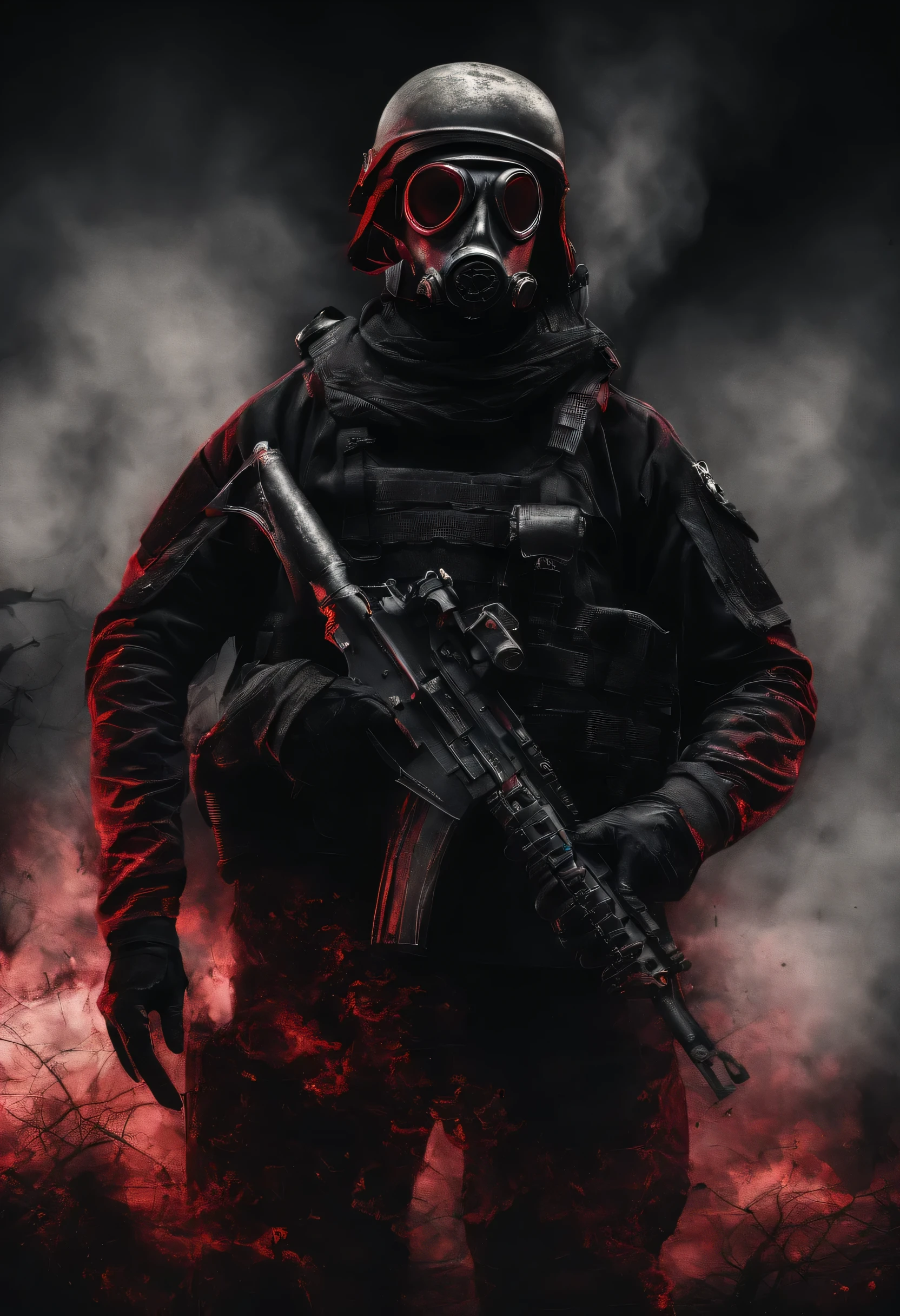 Tall soldiers, bulletproof vest, (soldier uniform), red and black, weapon, gatling gun, gas mask, rank on the side of clothing, horizon, full fire, balck and red colours, smoke and shadows