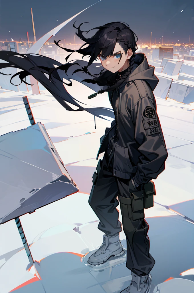 iso_valorant, standing, looking at viewer, jacket, hoodie, long pants, bandaid on face, medium length black hair, town, winter, arms in pockets, young man, lean build, braided hair, smirk