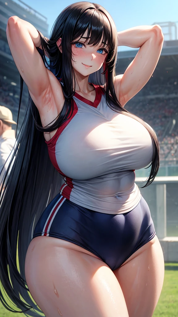 1 mature girl, beautiful face, blue eyes, red cheeks, smile, long straight hair, black hair, long bangs, seky body, colossal , overmany, big and droopy, big titietra, wide hips, Sports uniform, sweating, Hands in hair, armpits