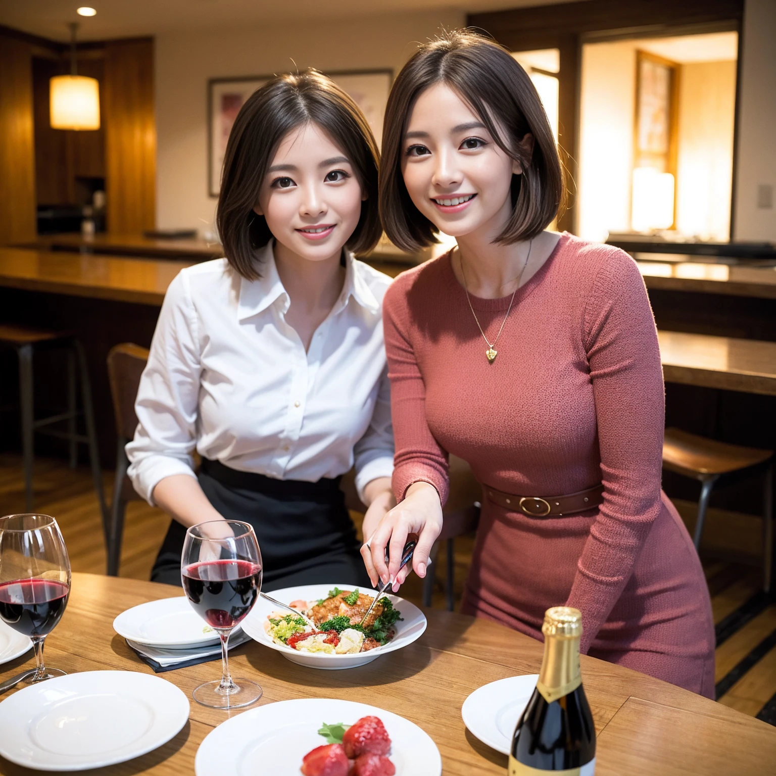 ((Highest quality、8k、masterpiece:1.3))、 (Genuineistic, Genuine、Bright image、Intricate details:1.2), 最高のsmile、1 male,1 female、Beautiful couple、Satomi Ishihara-like lover、Good friends、actress couple、smile、A full-course dinner with a full table、 (Slim face), (the body is slim), (Brown Hair), (short hair), テーブルのwine glass、Please shine a light on my face、 Amazing view of the sunset sky and clouds、 (36 years old)38 years old, red wine 、Wine bottle、sparkling wine、Long sleeve shirt、Pink Dress、White wine, red wine, wine glass, 