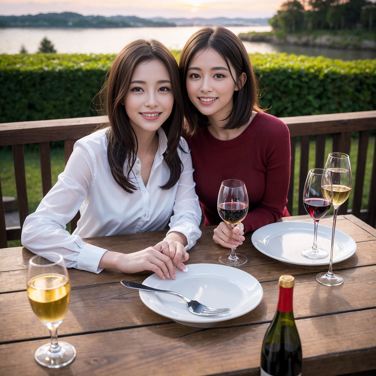 ((Highest quality、8k、masterpiece:1.3))、 (Genuineistic, Genuine、Bright image、Intricate details:1.2), 最高のsmile、1 male,1 female、Beautiful couple、Satomi Ishihara-like lover、Good friends、actress couple、smile、A full-course dinner with a full table、 (Slim face), (the body is slim), (Brown Hair), (short hair), テーブルのwine glass、Please shine a light on my face、 Amazing view of the sunset sky and clouds、 (36 years old)38 years old, red wine 、Wine bottle、sparkling wine、Long sleeve shirt、Pink Dress、White wine, red wine, wine glass, 