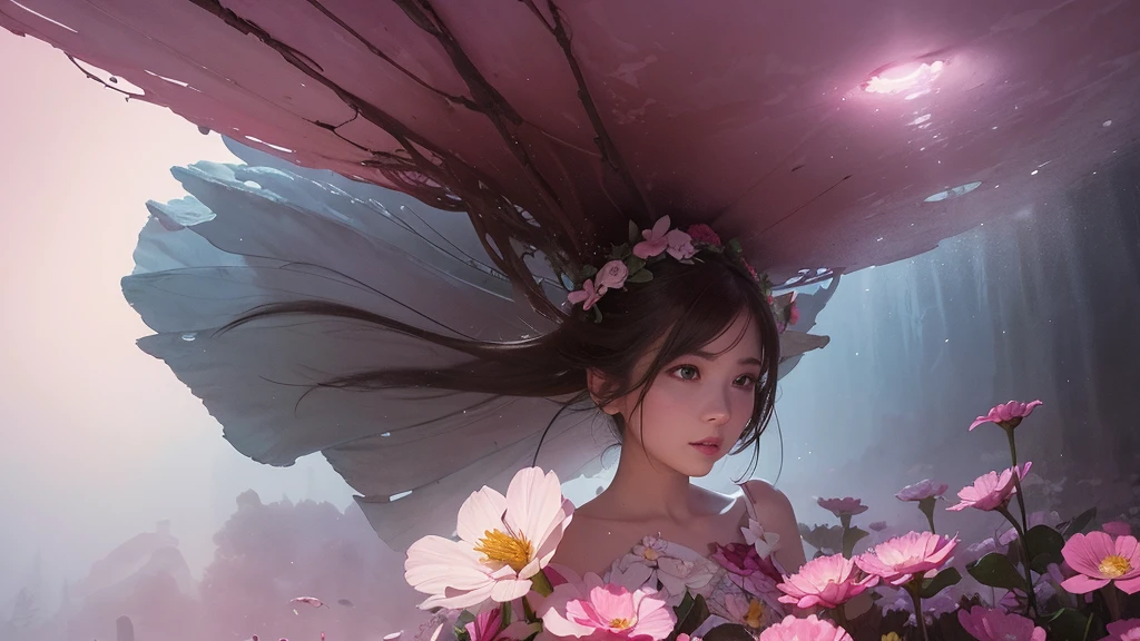 32k, Masterpiece, Highest quality, One girl, Detailed eyes, flower,Sandersonia, Pink and brown style,A dreamy, romantic piece,Pale pink, Mysterious Leaves,A playful arrangement,Fantasy,High Contrast,Ink strokes,explosion,Exposure, Impression of pink and brown tones,Abstract,((Watercolours by John Berkey and Jeremy Mann )) Brush strokes,Negative Space, Tyndall effect,