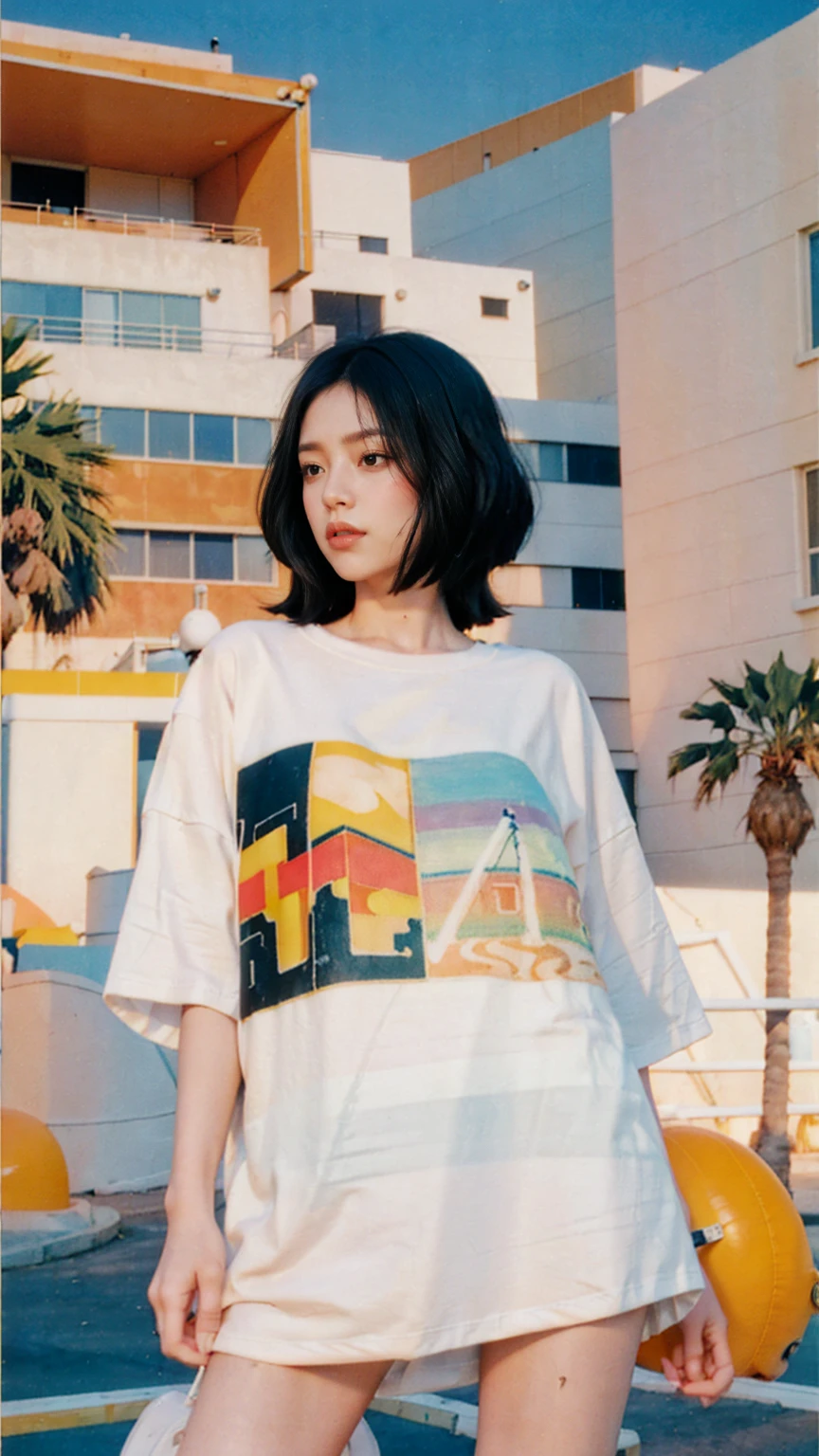 1 girl, beautiful, black bob hair, almond eye, no makeup, white tshirt, ((oversized_untucked tshirt)), peach tennis skirt, in front of ((80's mondrian architecture colorful motel)),(from below:1.2), (realistic:1.1), (surreal:1.2), (very detailed:1.1), ((masterpiece)),palm trees,summer, blue sky,sunny, los angles vibes