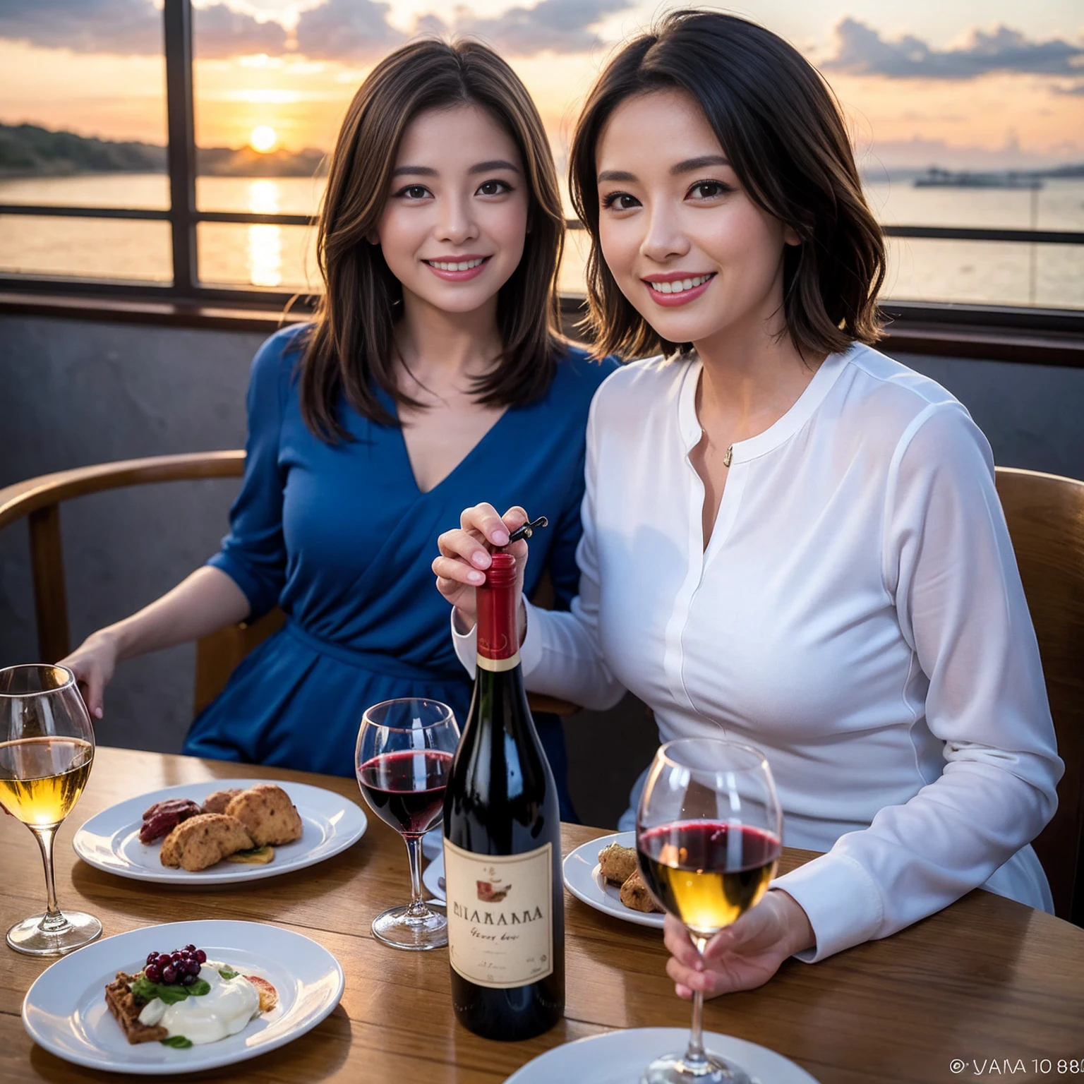 ((Highest quality、8k、masterpiece:1.3))、 (Genuineistic, Genuine、Bright image、Intricate details:1.2), 最高のsmile、1 male 1 female、Beautiful couple、spouse、fiancee、Good friends、actress couple、smile、A full-course dinner with a full table、 (Slim face), (the body is slim), (Brown Hair), (short hair), テーブルのwine glass、Please shine a light on my face、 Amazing view of the sunset sky and clouds、 (42 years old)38 years old, red wine 、Wine bottle、sparkling wine、Long sleeve shirt、Blue Dress、White wine, red wine, wine glass, 