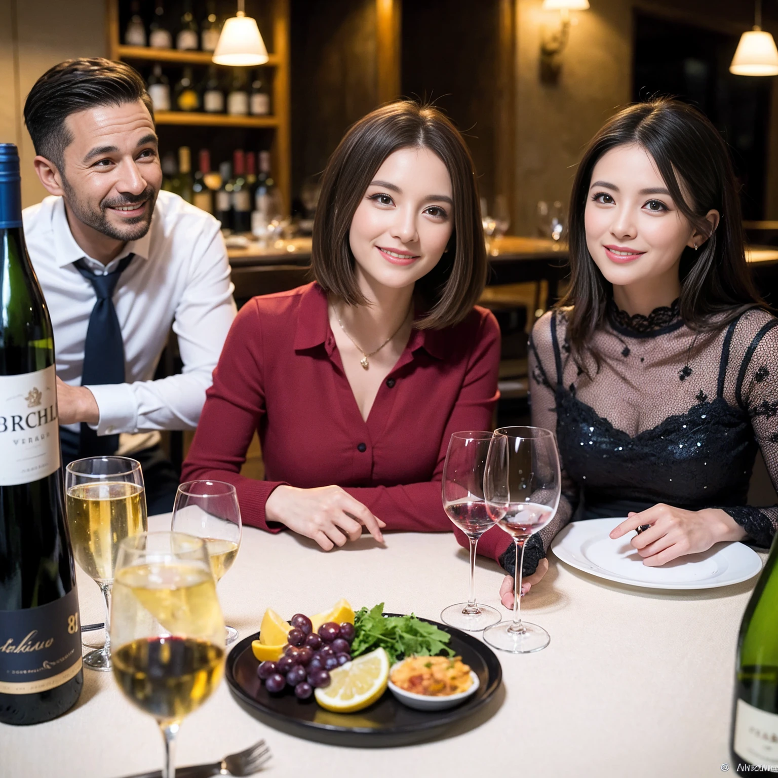 ((Highest quality、8k、masterpiece:1.3))、 (Genuineistic, Genuine、Bright image、Intricate details:1.2), 最高のsmile、1 male 1 female、Beautiful couple、spouse、fiancee、Good friends、actress couple、smile、A full-course dinner with a full table、 (Slim face), (the body is slim), (Brown Hair), (short hair), テーブルのwine glass、Please shine a light on my face、 Amazing view of the sunset sky and clouds、 (42 years old)38 years old, red wine 、Wine bottle、sparkling wine、Long sleeve shirt、Blue Dress、White wine, red wine, wine glass,