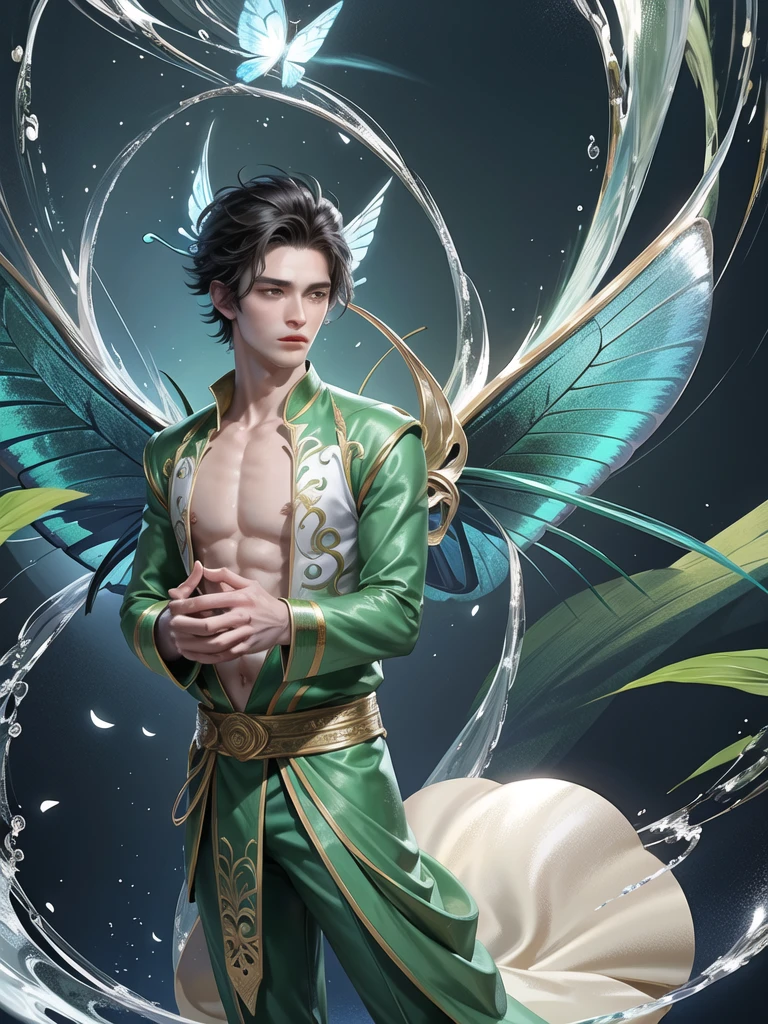 (Martial arts style works),(quality),(height) ,1 Boy,light green eyes, Short dark green hair., alone,(young boy detailed background),A face that is handsome and detailed.,fairy tale,(butterfly race),The body is thin and shiny.,It has perfectly detailed butterfly wings.,Picture of creating a magic camp,Show movie subtitles,Don't look at the view.,Not looking at the view,Amazing light and shadow,Wear a gorgeous, sexy, perfectly detailed traditional Chinese outfit. web style,moon,Moths all around, floating on water,There was a large, fine green ring around it.