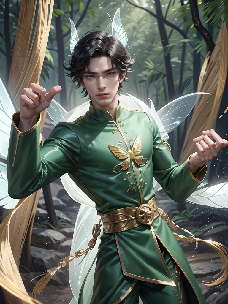 (Martial arts style works),(quality),(height) ,1 Boy,light green eyes, Short dark green hair., alone,(young boy detailed background),A face that is handsome and detailed.,fairy tale,(butterfly race),The body is thin and shiny.,It has perfectly detailed butterfly wings.,Picture of creating a magic camp,Show movie subtitles,Don't look at the view.,Not looking at the view,Amazing light and shadow,Wear a gorgeous, sexy, perfectly detailed traditional Chinese outfit. web style,moon,Moths all around, floating on water,There was a large, fine green ring around it.