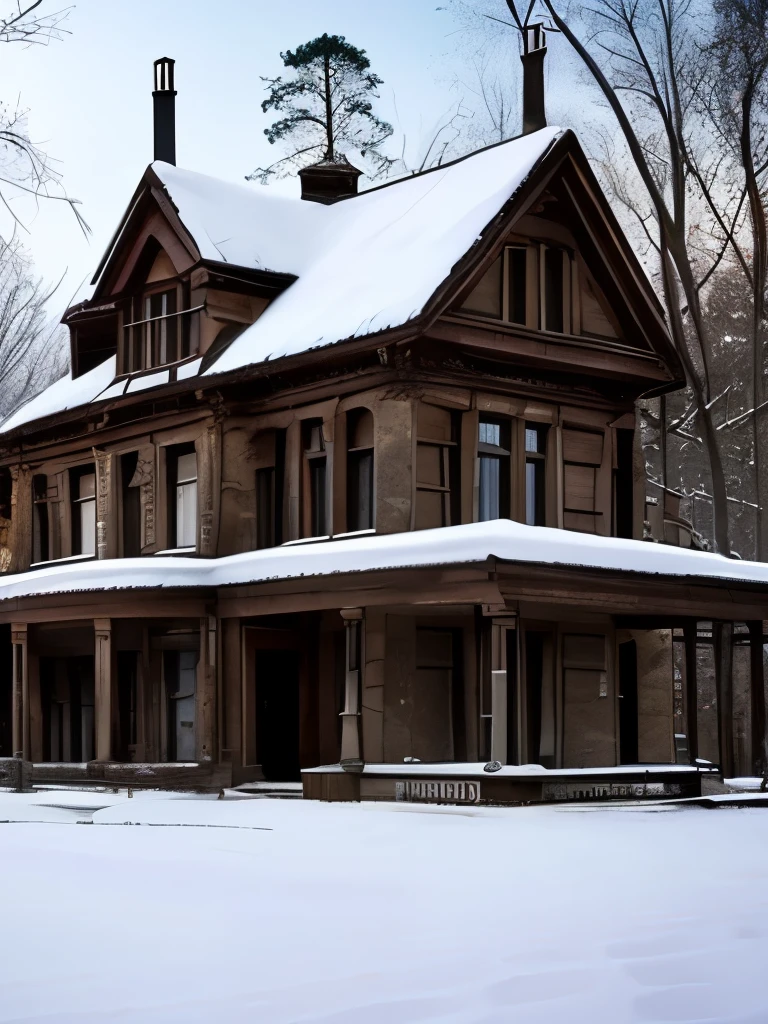 arafed house in the snow with a staircase leading up to the front, a tilt shift photo by Chris Cold, flickr, art nouveau, an abandoned, an abandoned old, an old abandoned mansion, victorian manor, abandoned polish mansion, abandoned house, victorian house, abandoned, victorian setting, abandoned castle, mysterious exterior, old abandoned house, gothic mansion, very ornate