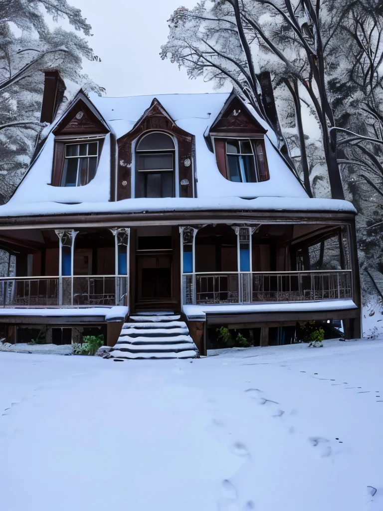 arafed house in the snow with a staircase leading up to the front, a tilt shift photo by Chris Cold, flickr, art nouveau, an abandoned, an abandoned old, an old abandoned mansion, victorian manor, abandoned polish mansion, abandoned house, victorian house, abandoned, victorian setting, abandoned castle, mysterious exterior, old abandoned house, gothic mansion, very ornate
