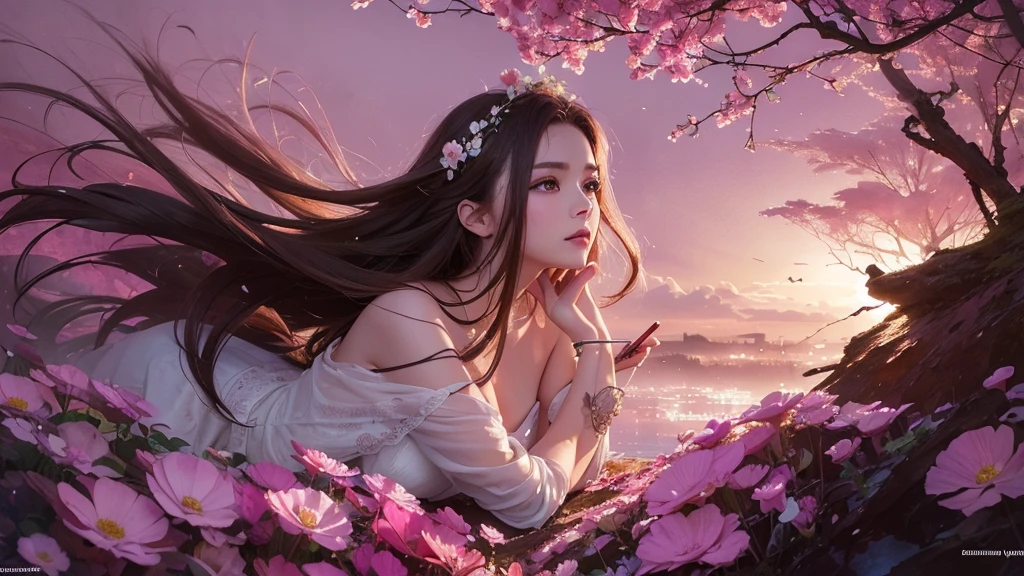 32k, Masterpiece, Highest quality, One girl, Detailed eyes, flower,Sandersonia, Pink and brown style,A dreamy, romantic piece,Pale pink, Mysterious Leaves,A playful arrangement,Fantasy,High Contrast,Ink strokes,explosion,Exposure, Impression of pink and brown tones,Abstract,((Watercolours by John Berkey and Jeremy Mann )) Brush strokes,Negative Space, Tyndall effect,