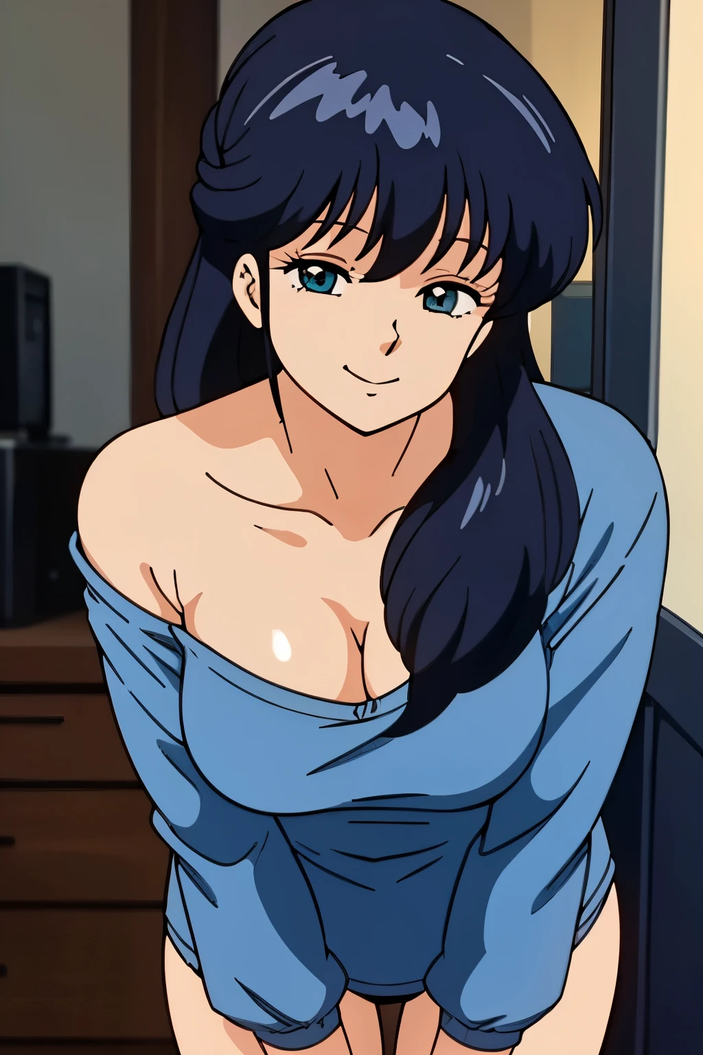 high quality, masterpiece, best quality, anime screen cap, 1girl, smile, dark blue hair, mother, mature female, revealing clothes, forced smile, standing, blush, half-closed eyes, smile, empty eyes/no highlights (Leaning forward:1.5), Arms Down, ((Perfect Anatomy, beautifull detailed face, Beautiful detailed eyes, beautiful detailed hair, Beautiful detailed body)), thick outline, Beautiful outlines, black outlines
