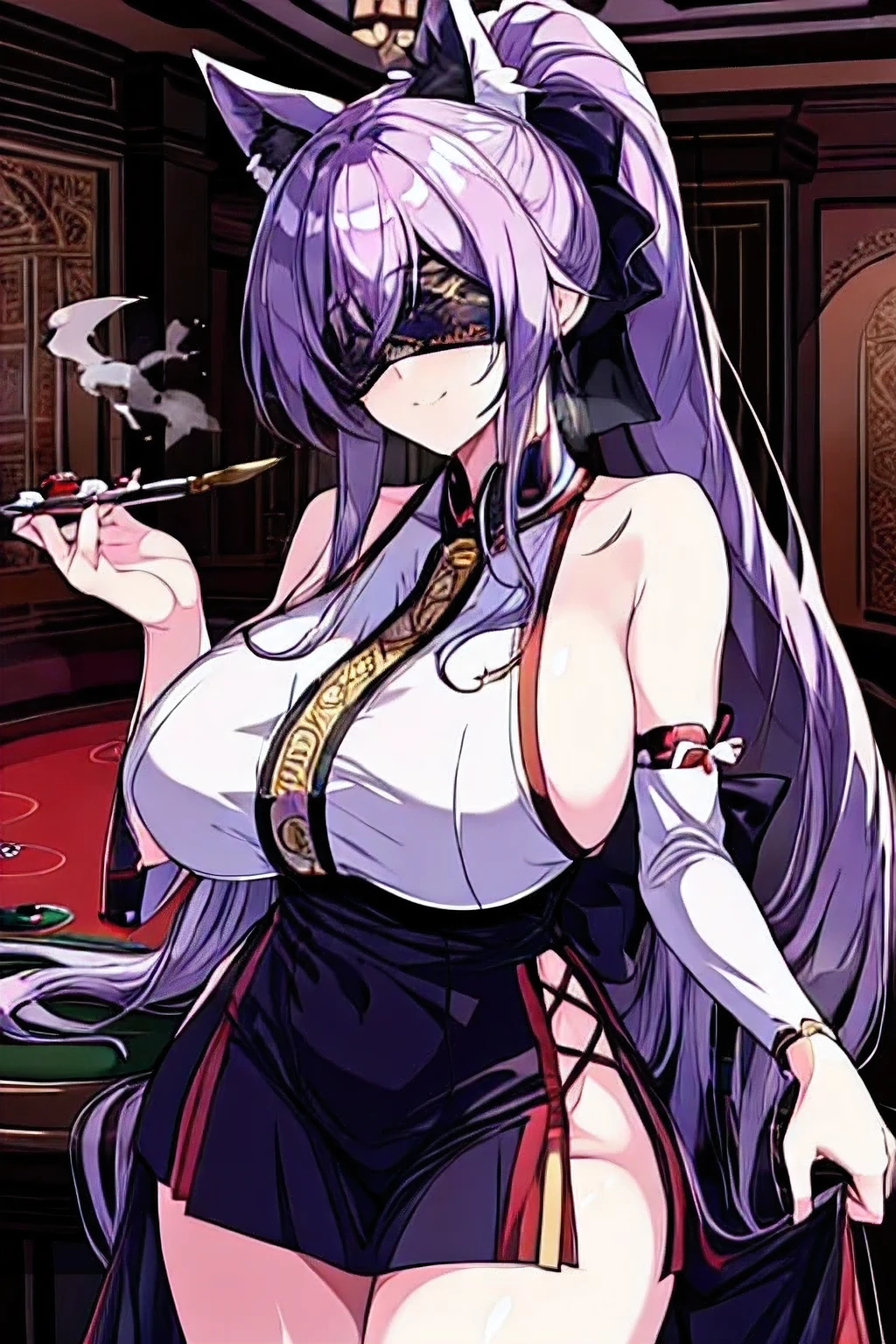 masterpiece, ((ultra detailed background, delicate pattern, intricate detail)), (highly detailed, fine details), best quality, beautiful lighting,perfect shot,official,(casino),poker,mature,silver fox girl,fox ears,silver-hair,ponytail,huge saggy breasts,nipple pias,miko,elbow sleeves,blindfold,smile,sweaty,steam,heavy breath,tattoo,tobacco pipe,