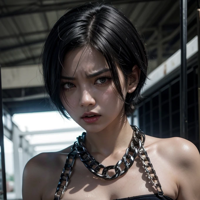 Woman, short black hair, angry face,chains on her back