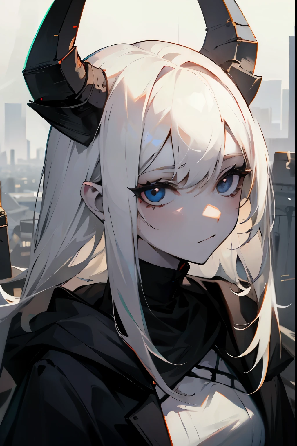 1female , Horns , Black Eyes , White Hair , Pale Skin , Ruined City Background , Somber Expression , White Lipstick , 