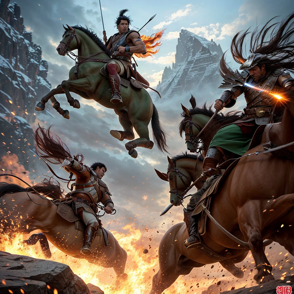 Double exposure of the main image. An Asian man, fierce and strong, riding an ancient Indian horse, jumps and attacks the enemy, wielding ancient Indian weapons in the midst of a snowy battlefield. A copper-green mist rises as the enemy is in an uproar. This is the battle of Indian gods. High mountains, volumetric light, and poster action fantasy images by world-class artists. Advertising photography, beautiful Asian skin care. S1000