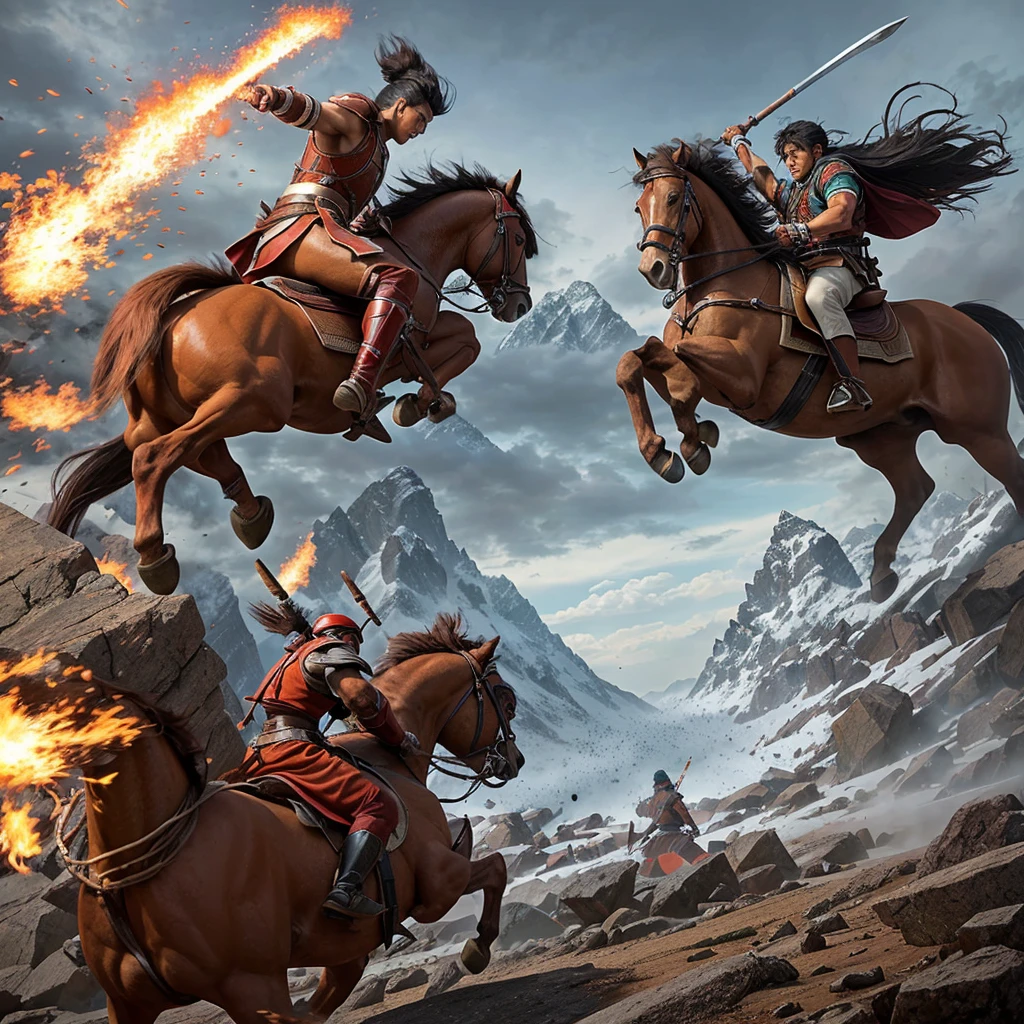 Double exposure of the main image. An Asian man, fierce and strong, riding an ancient Indian horse, jumps and attacks the enemy, wielding ancient Indian weapons in the midst of a snowy battlefield. A copper-green mist rises as the enemy is in an uproar. This is the battle of Indian gods. High mountains, volumetric light, and poster action fantasy images by world-class artists. Advertising photography, beautiful Asian skin care. S1000