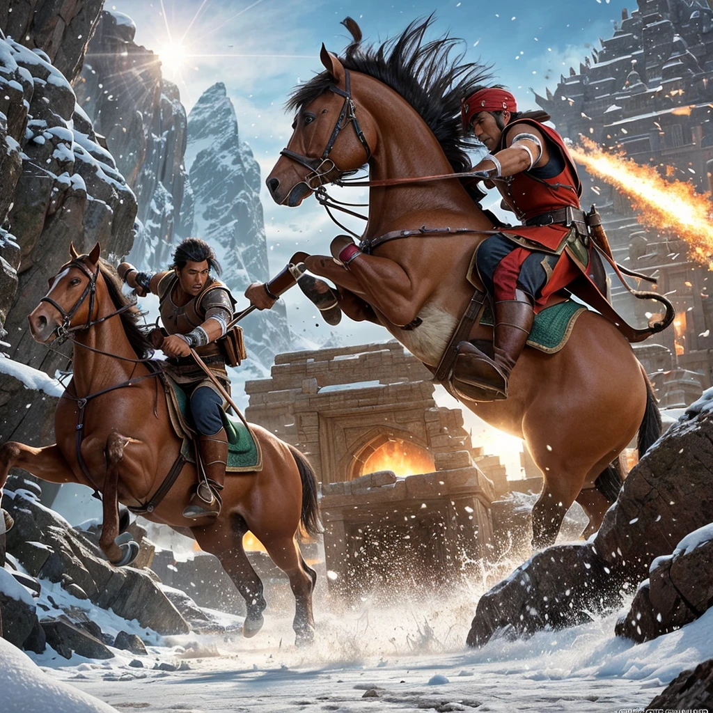 Double exposure of the main image. An Asian man, fierce and strong, riding an ancient Indian horse, jumps and attacks the enemy, wielding ancient Indian weapons in the midst of a snowy battlefield. A copper-green mist rises as the enemy is in an uproar. This is the battle of Indian gods. High mountains, volumetric light, and poster action fantasy images by world-class artists. Advertising photography, beautiful Asian skin care. S1000