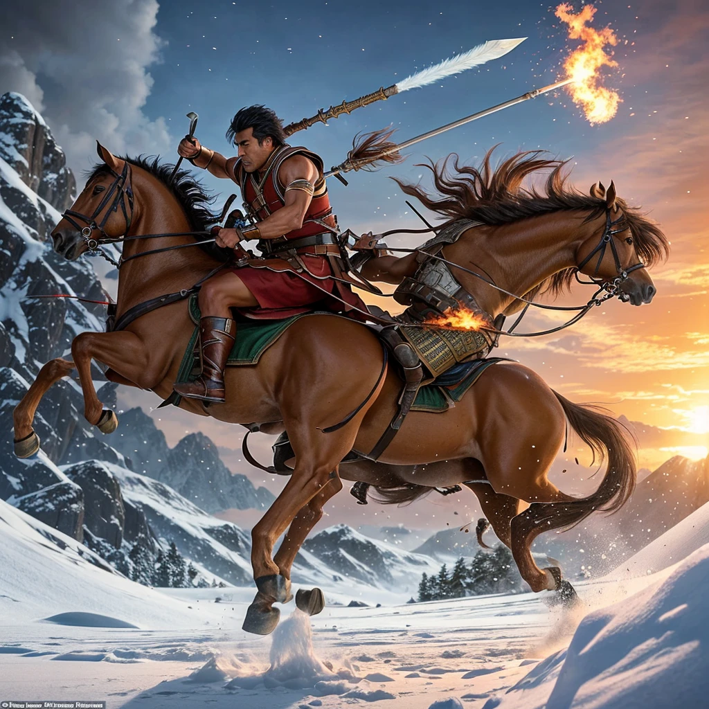 Double exposure of the main image. An Asian man, fierce and strong, riding an ancient Indian horse, jumps and attacks the enemy, wielding ancient Indian weapons in the midst of a snowy battlefield. A copper-green mist rises as the enemy is in an uproar. This is the battle of Indian gods. High mountains, volumetric light, and poster action fantasy images by world-class artists. Advertising photography, beautiful Asian skin care. S1000