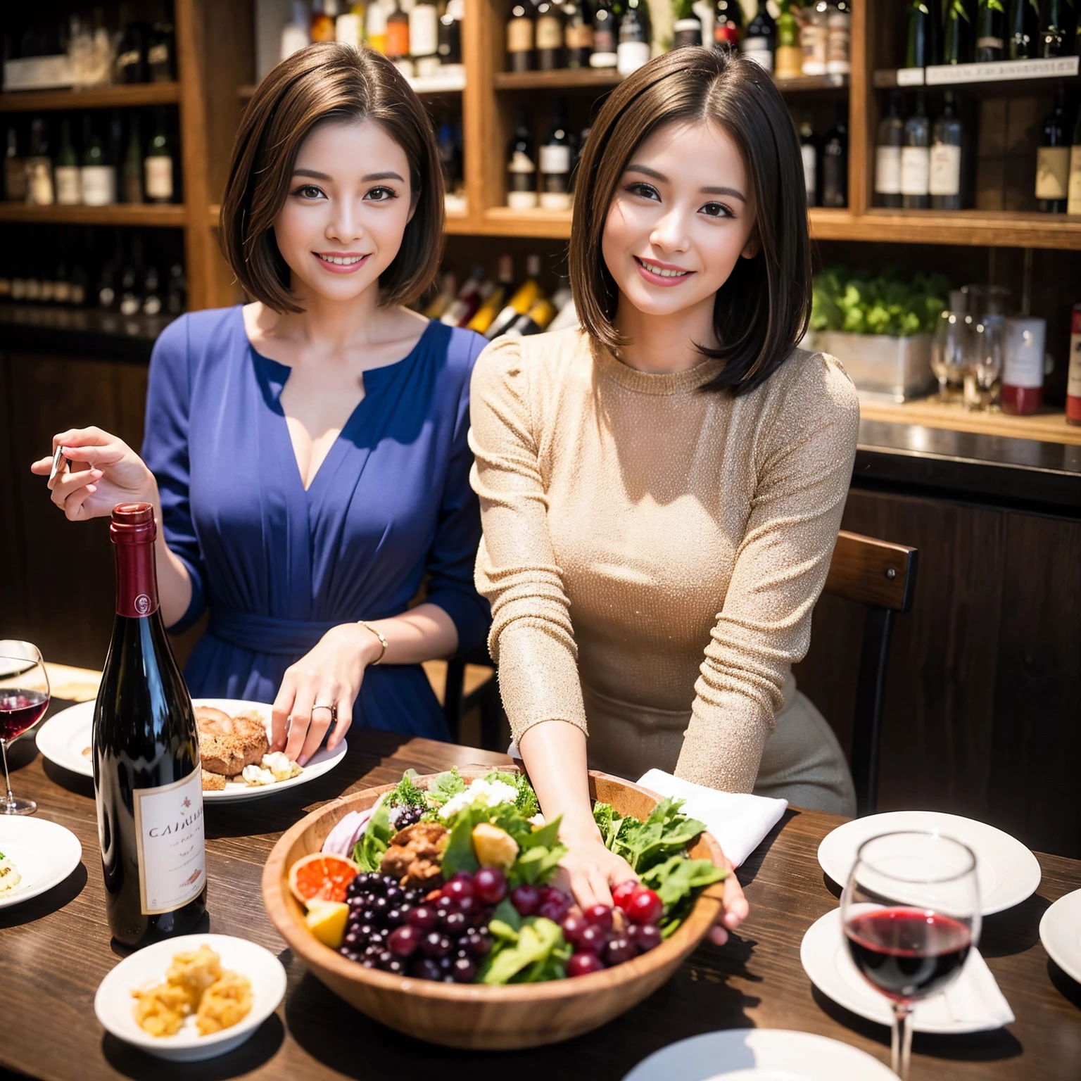 ((Highest quality、8k、masterpiece:1.3))、 (Genuineistic, Genuine、Bright image、Intricate details:1.2), 最高のsmile、1 male 1 female、Beautiful couple、spouse、fiancee、Good friends、actress couple、smile、A full-course dinner with a full table、 (Slim face), (the body is slim), (Brown Hair), (short hair), テーブルのwine glass、Please shine a light on my face、 Amazing view of the sunset sky and clouds、 (42 years old)38 years old, red wine 、Wine bottle、sparkling wine、Long sleeve shirt、Blue Dress、White wine, red wine, wine glass,