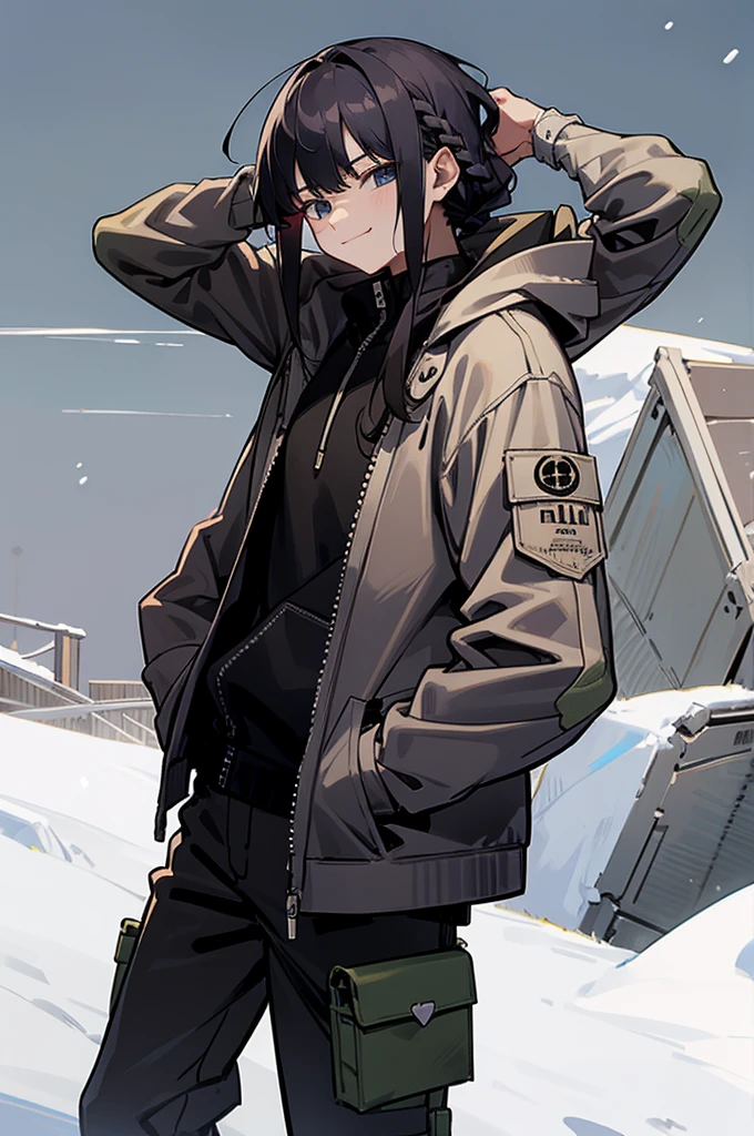 iso_valorant, standing, looking at viewer, jacket, hoodie, long pants, bandaid on face, medium length black hair, town, winter, arms in pockets, young man, lean build, braided hair, smirk, bangs covering head