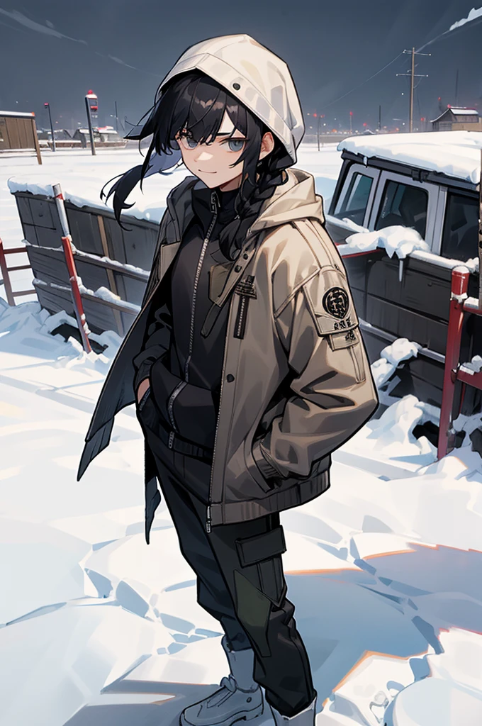 iso_valorant, standing, looking at viewer, jacket, hoodie, long pants, bandaid on face, medium length black hair, town, winter, arms in pockets, young man, lean build, braided hair, smirk, bangs covering head