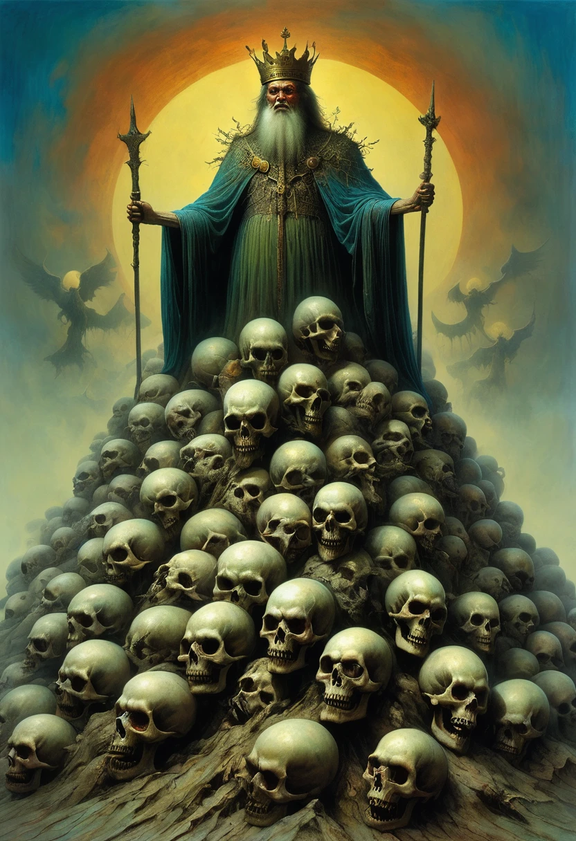 A painting,An ugly king standing on a pile of skulls, Disturbing, crawl, gloomy, rotten, High saturation by zdzislaw beksinski