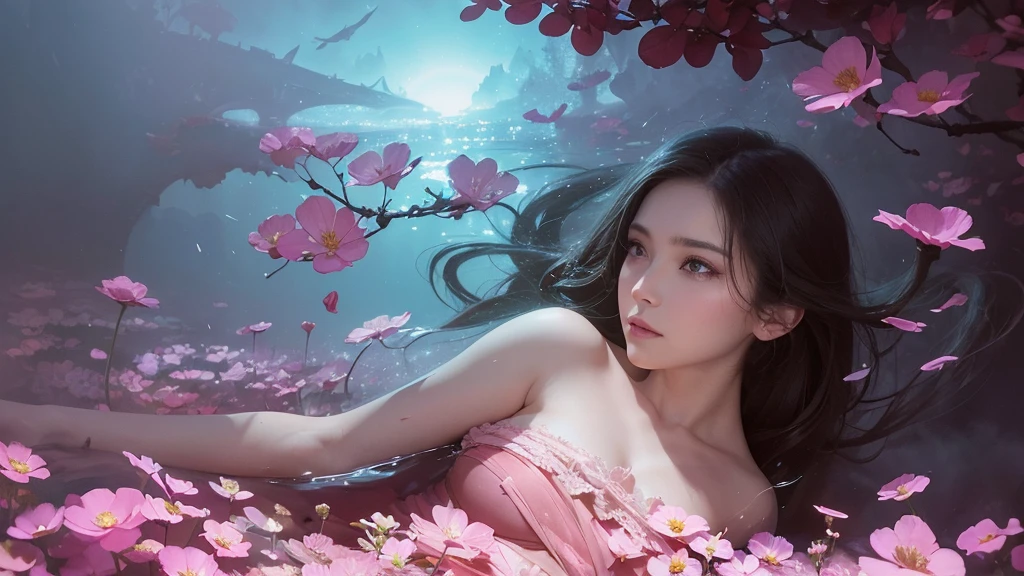 32k, Masterpiece, Highest quality, One girl, Detailed eyes, flower,Sandersonia, Pink and brown style,A dreamy, romantic piece,Pale pink, Mysterious Leaves,A playful arrangement,Fantasy,High Contrast,Ink strokes,explosion,Exposure, Impression of pink and brown tones,Abstract,((Watercolours by John Berkey and Jeremy Mann )) Brush strokes,Negative Space, Tyndall effect,