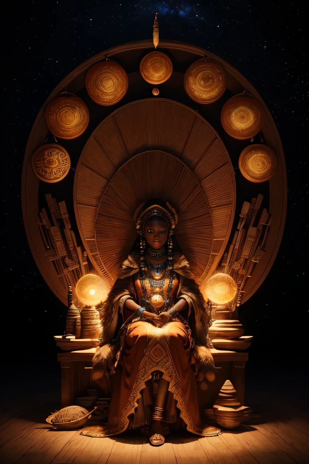 A captivating 3D masterpiece and hyper-realistic art piece showcases an African shaman woman, adorned in an intricate African-designed dress crafted from hides and fur. The woman's wise and mystical expression is accentuated as she holds a venerable stick, symbolizing her power and connection to the spiritual realm. A mesmerizing backdrop of the solar system and horoscopes illuminates the scene with cinematic light, creating a magical and fantastical atmosphere. The highly detailed and clear images, achieved through Octane 3D rendering, are presented in ultra-HD quality, upscaled 4x for unparalleled realism. This