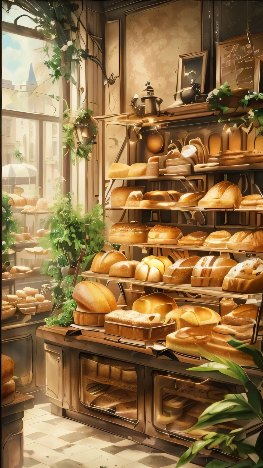there is a picture of a bakery with bread and other foods, Hyper-realistic food pictures, bakery, Background is fresh bakery, cute bakery shop, fantasy bakery interior setting, fantasy bakery, Cozy cafe background, Highly realistic concept art, Anime Background Art, ❤🔥🍄🌪, Amazing wallpapers, Surrealist Concept Art, Realistic concept art, baking artwork,Real photography,Sony A7 camera style,