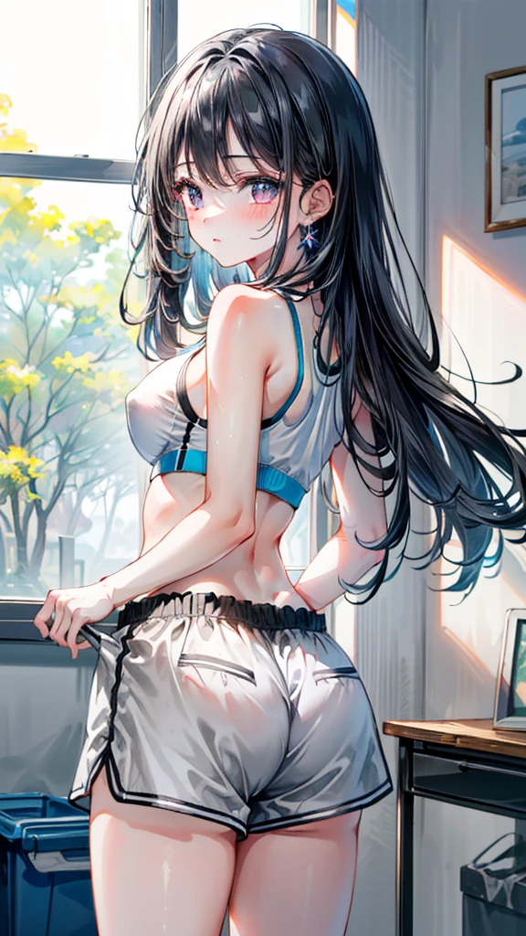 (Best quality, 8k, 32k, Masterpiece, UHD,:1.2), RAW, human, 1girl,ultra cute , ultra cute, natural lighting, transparent shining eyes, 20yo, medium breast ,femur, fair complexion , flushed face, gray dolphin shorts,at room, gray sports bra, near windows, wedgie, shiny, From Behind
