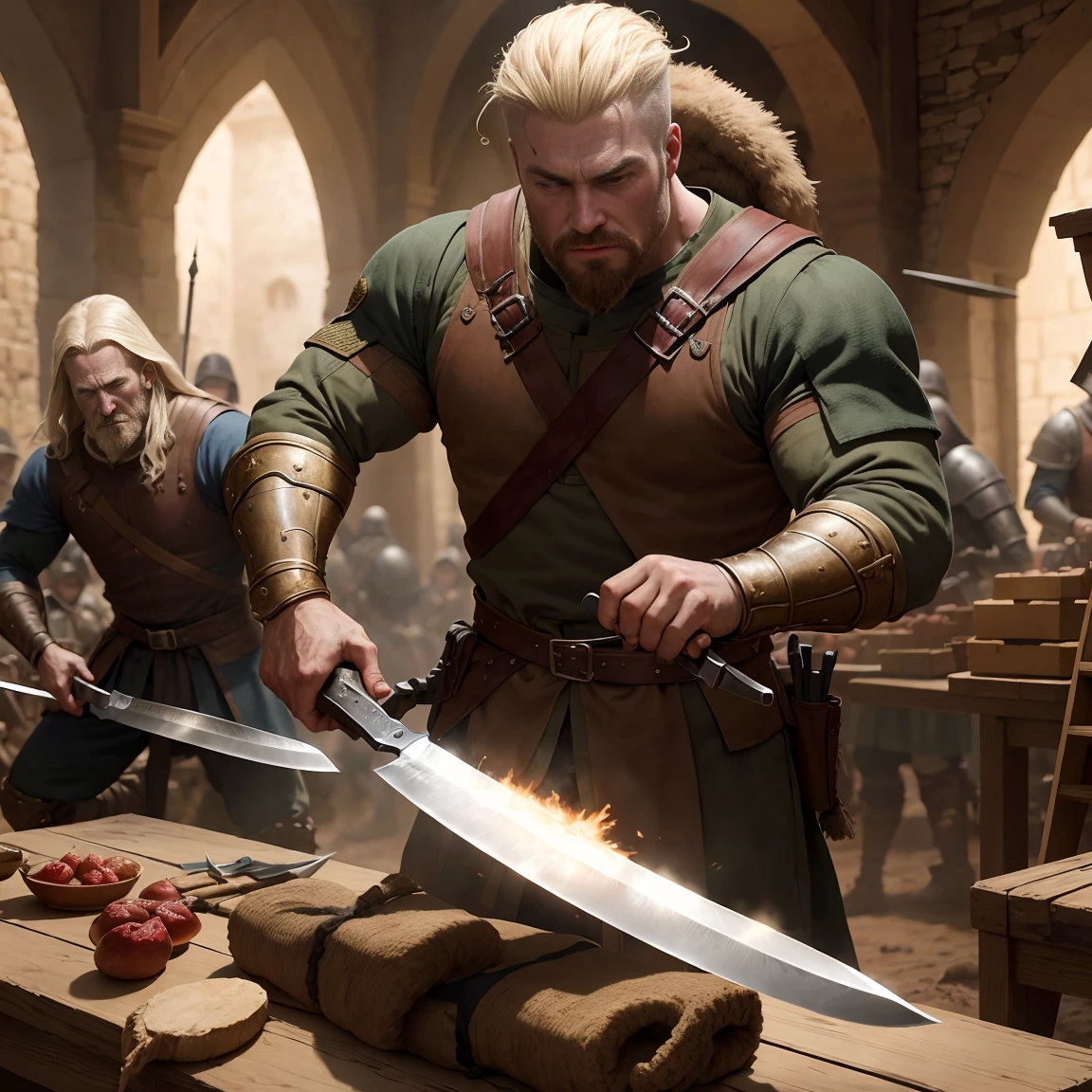 Medieval war blockbuster scene, soldiers are sharpening their knives in full swing, morale is high, Best quality, great work, extreme details, 8K wallpapers, official art, Hollywood blockbuster scenes,