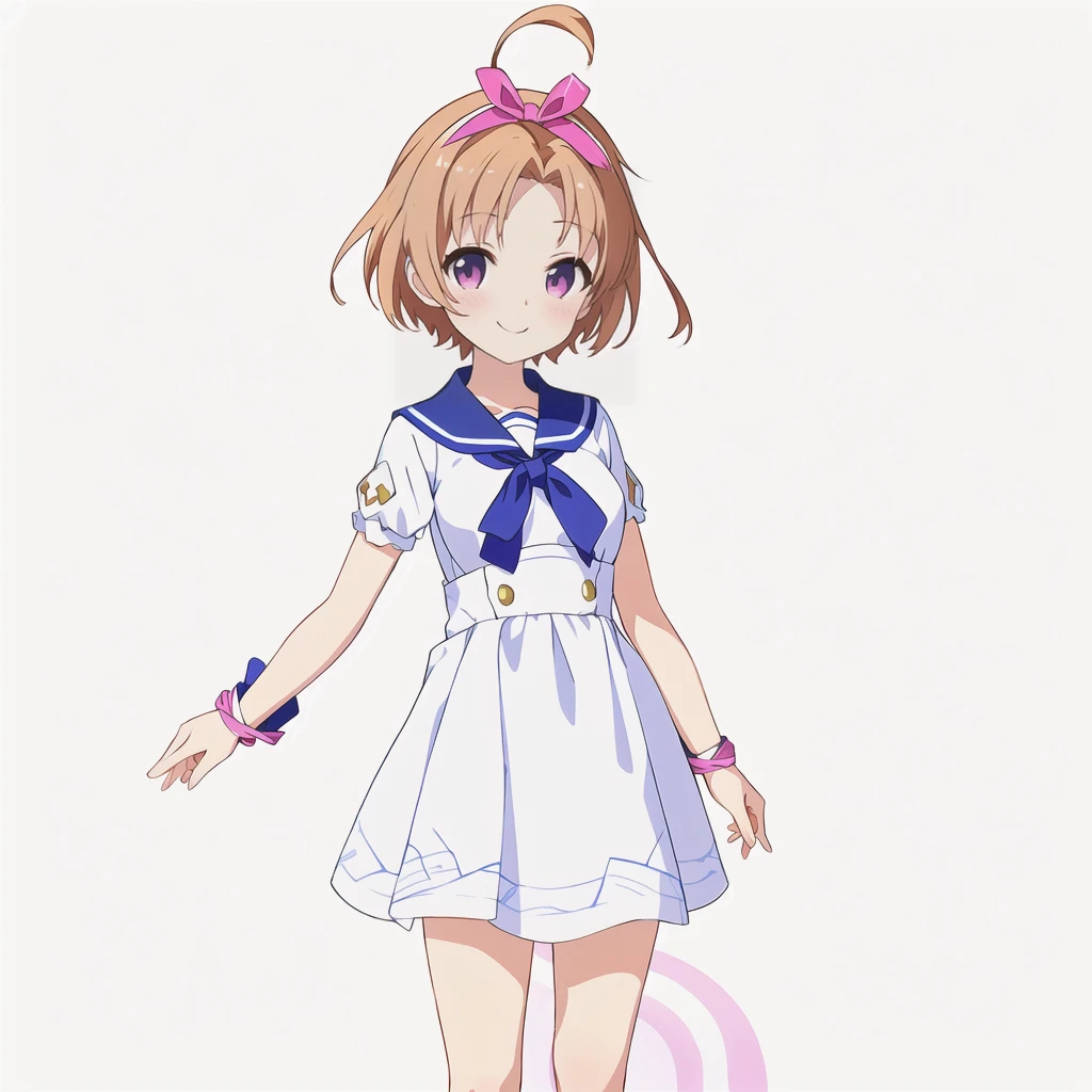 Highest quality, high resolution, High quality anime art style, Official Art, Smooth anime CG art, Stylized anime, Cute 3D anime girl render, Visual Novel Sprites, White background, whole body, Anime-style 3D, Smooth anime CG art, Humanoid Girl, JRPG Characters, Anime girl wearing a pink dress with a ribbon, Short sleeve, smile, Chestnut Hair, short hair, Small Bust, Small breasts, 13 years old