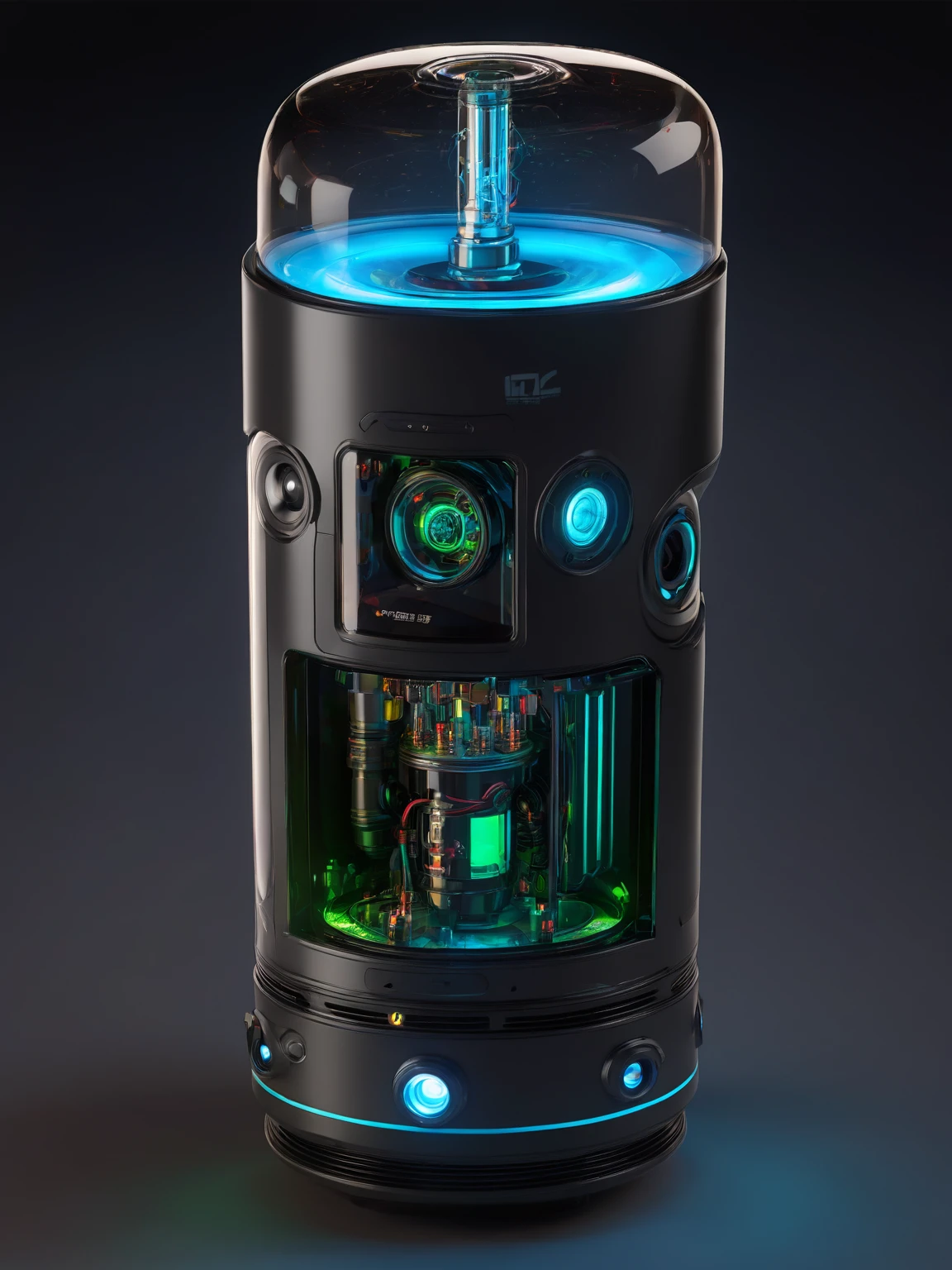 best quality, very good, 16K, 2.5D, delicate and dynamic, 3/4,Looking up,Close-up of the product glowing in the middle of the cylinder,Light effect edge,Details of technology,Best product texture,Bright colors、Clear depiction, The effect is vivid, fresh and clear, fantasy, Dreams, Full body luminous vacuum tube, 3/4. Look up, See it up close, cybernetic implant h 768, Low temperature chamber, Full view, side view, Futuristic product design, Wang Chen, Science Fiction, side view, side view, Top angle view