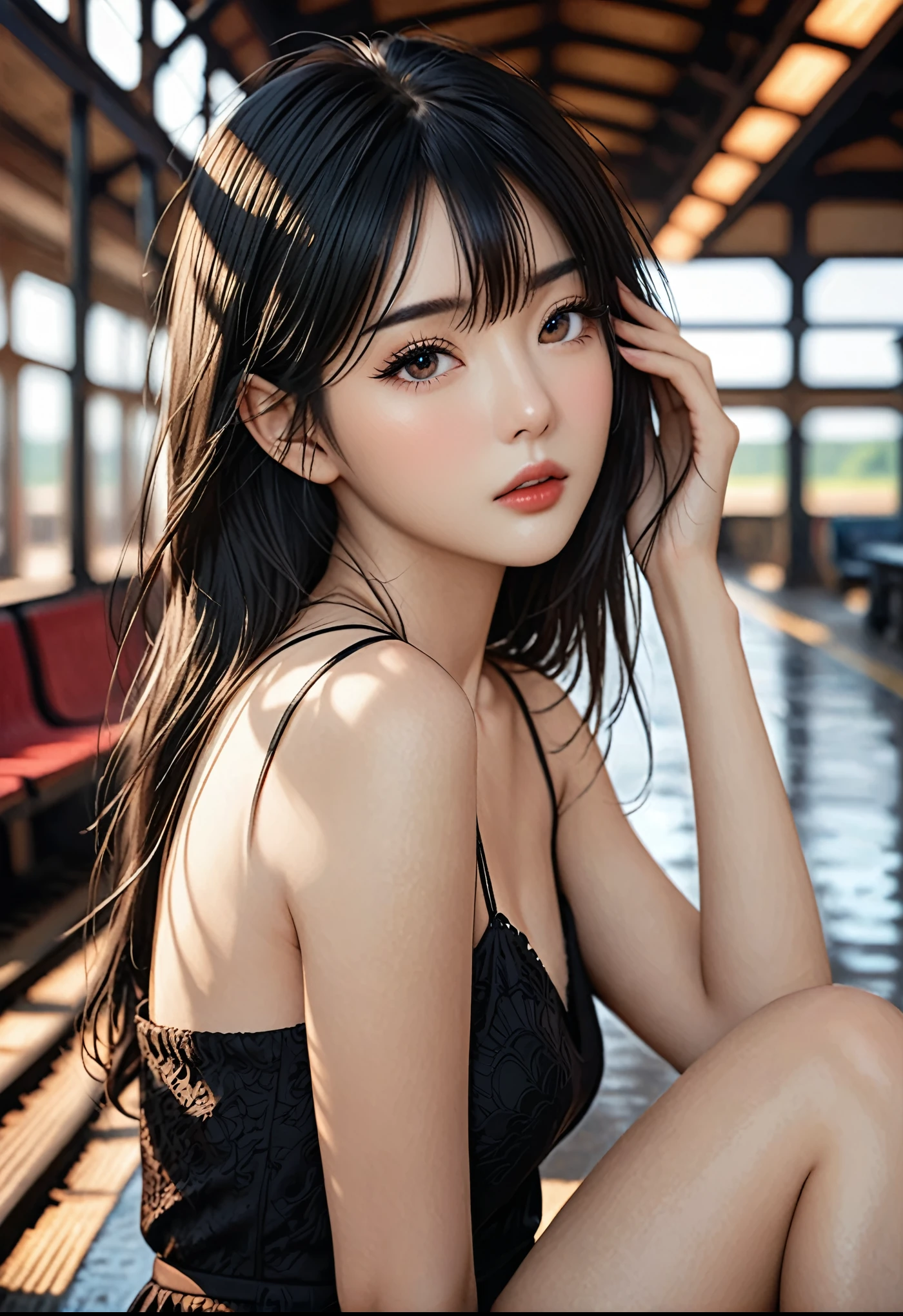 a girl，cute and pretty face，Long straight black hair，Long bangs covering eyes，long eyelashes，(Fine eyes)，small eyes，(half-closed eyes)，(Dark lipstick)，(Dark eyeshadow)，Slim body，Slender limbs，Black spaghetti strap dress，Inside an old railway station，clean focus，shallow Depth of Field，Ultra-detailed faces，very beautiful face，Extremely high texture skin，Look into the distance，beautiful legs，seductive，femainine pose，(realistic ，realistic-photo，RAW photo，8K original)，artistic photography，UHD，highres，masterpiece，retina，